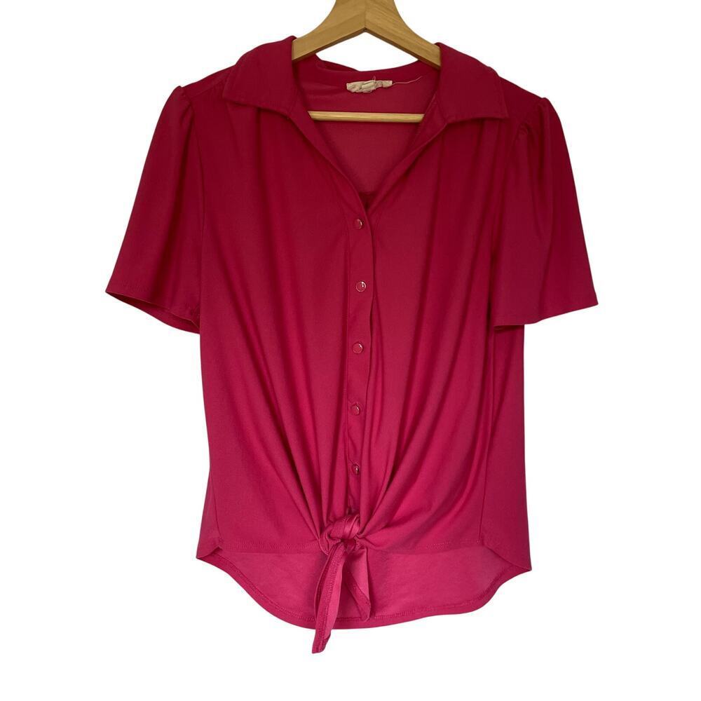 Rio & Rian Tie Front Button Down Shirt Small Hot Pink Women Short Sleeve Puff